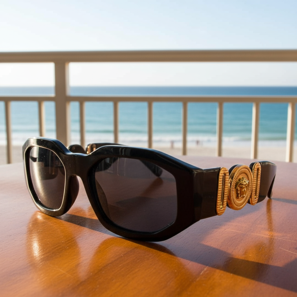 Black oversized Versace sunglasses with gold Medusa temple details