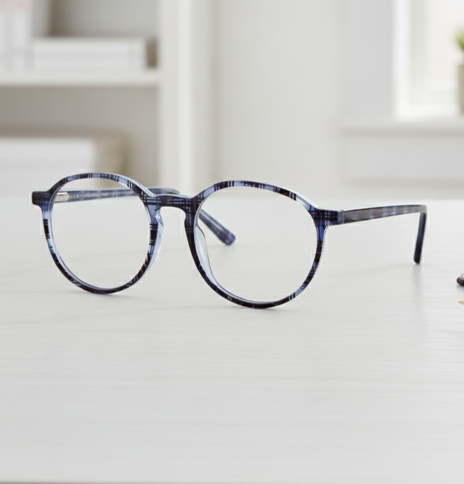 Exceptional Value collection eyeglasses featuring a modern round frame with a blue and black striped acetate pattern, photographed on a light surface for Times Square Optical in Laredo, Texas.