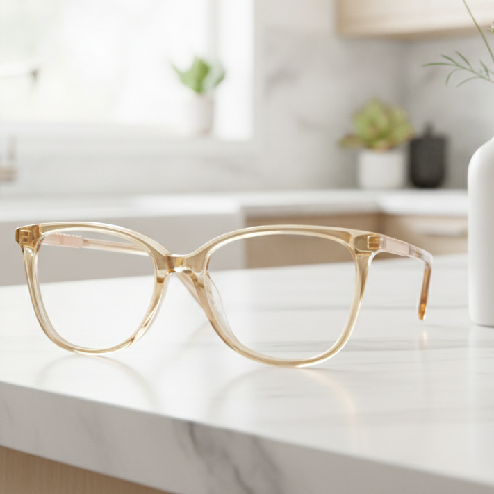 Exceptional Value collection eyeglasses featuring a translucent amber rectangular acetate frame with rounded edges, photographed on a white marble surface for Times Square Optical in Laredo, Texas.