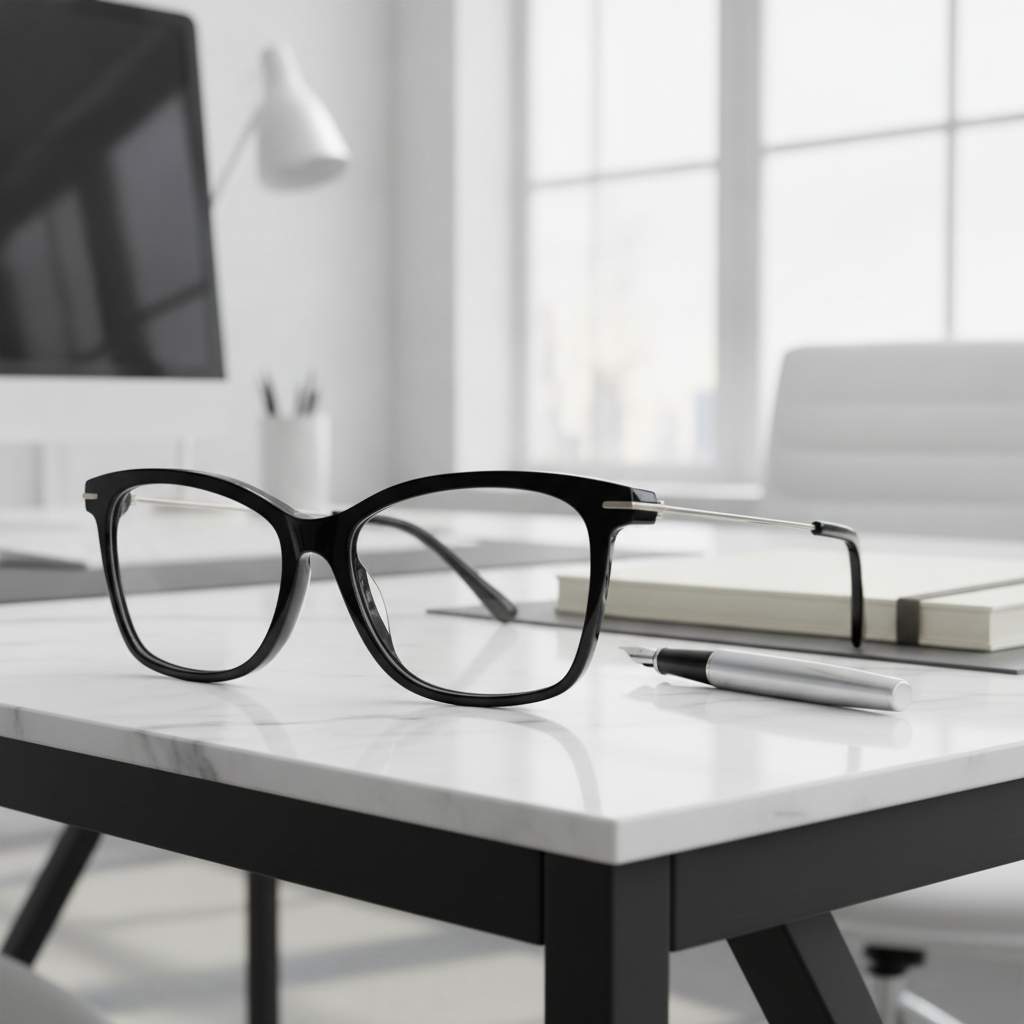 Exceptional Value collection eyeglasses featuring a black rectangular acetate frame, photographed on a white marble surface for Times Square Optical in Laredo, Texas.
