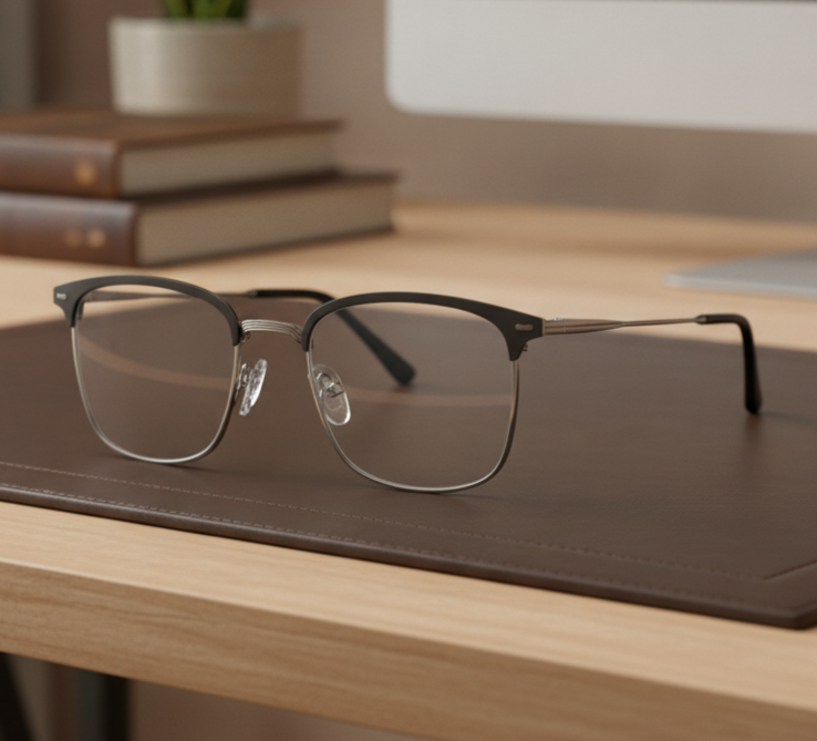 Exceptional Value collection eyeglasses featuring dark METAL frame with metallic lower rims and temples, photographed on a brown leather desk mat for Times Square Optical in Laredo, Texas.