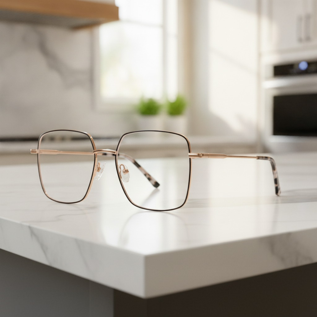 Exceptional Value collection eyeglasses featuring a minimalist thin metal square frame with patterned temple tips, photographed on a light surface for Times Square Optical in Laredo, Texas.