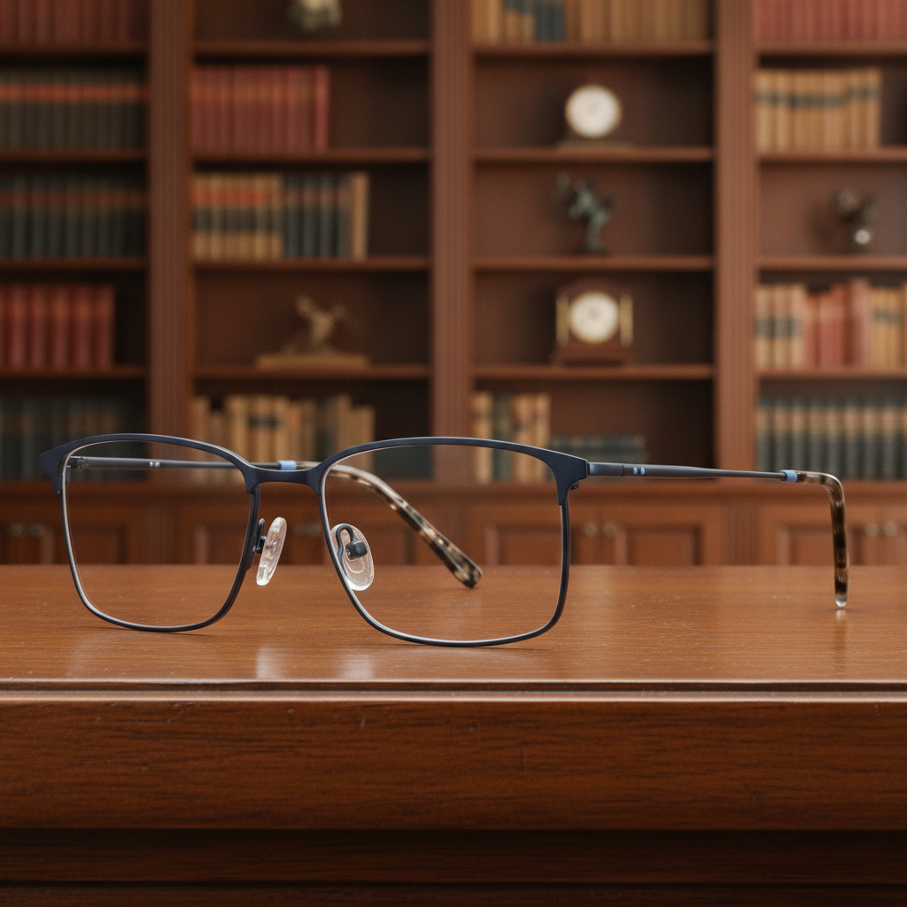 Exceptional Value collection eyeglasses featuring a thin dark metal rectangular frame with tortoiseshell temple tips, photographed on a polished wooden surface for Times Square Optical in Laredo, Texas.