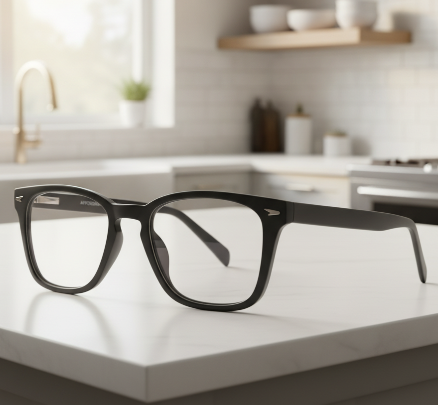 Exceptional Value collection eyeglasses featuring a glossy black rectangular frame with metallic hinge accents, photographed on a white countertop for Times Square Optical in Laredo, Texas.
