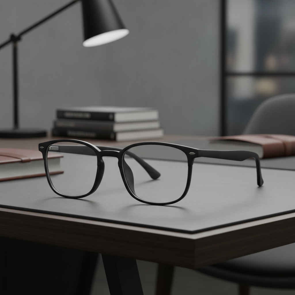 Exceptional Value collection eyeglasses featuring a thin dark metal rectangular frame with tortoiseshell temple tips, photographed on a polished wooden surface for Times Square Optical in Laredo, Texas.