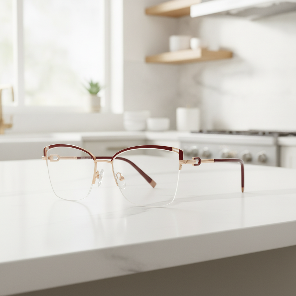 Exceptional Value collection eyeglasses featuring a thin gold semi‑rimless metal frame with dark brown temples, photographed on a white countertop for Times Square Optical in Laredo, Texas.