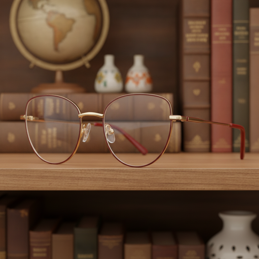 Exceptional Value collection eyeglasses featuring a thin gold and brown metal rectangular frame with adjustable nose pads, photographed on a wooden surface for Times Square Optical in Laredo, Texas.
