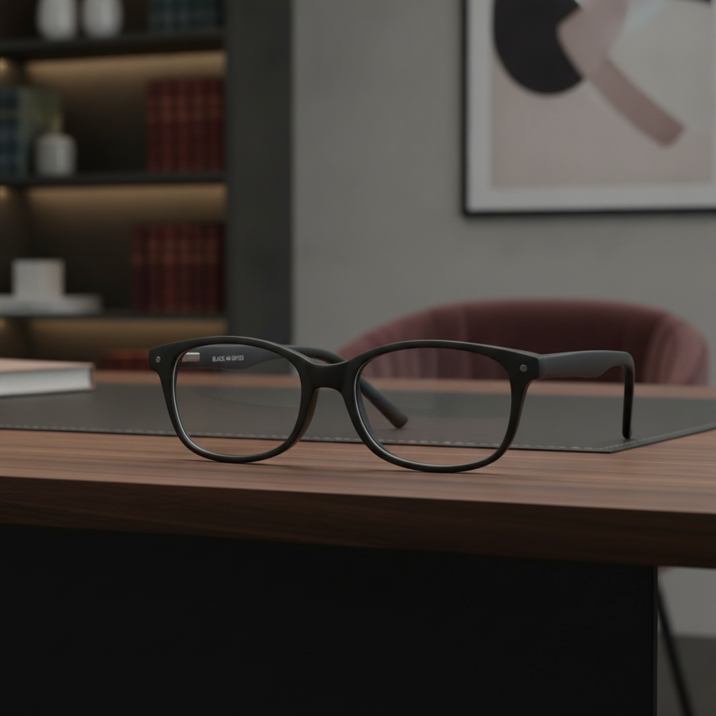 Exceptional Value collection eyeglasses featuring a matte black rectangular frame, photographed on a wooden desk for Times Square Optical in Laredo, Texas.