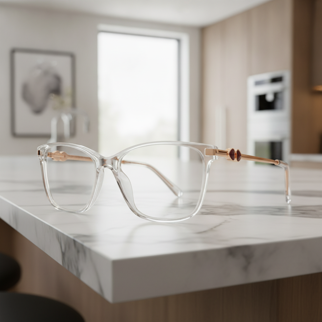 Exceptional Value collection eyeglasses featuring a transparent acetate frame with gold metal temples and decorative hinge accents, photographed on a marble countertop for Times Square Optical in Laredo, Texas.