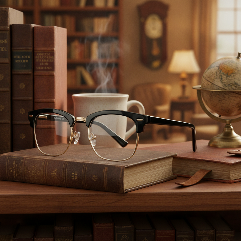 Exceptional Value collection eyeglasses featuring a black rectangular frame with gold temple accents, photographed on a closed book for Times Square Optical in Laredo, Texas.
