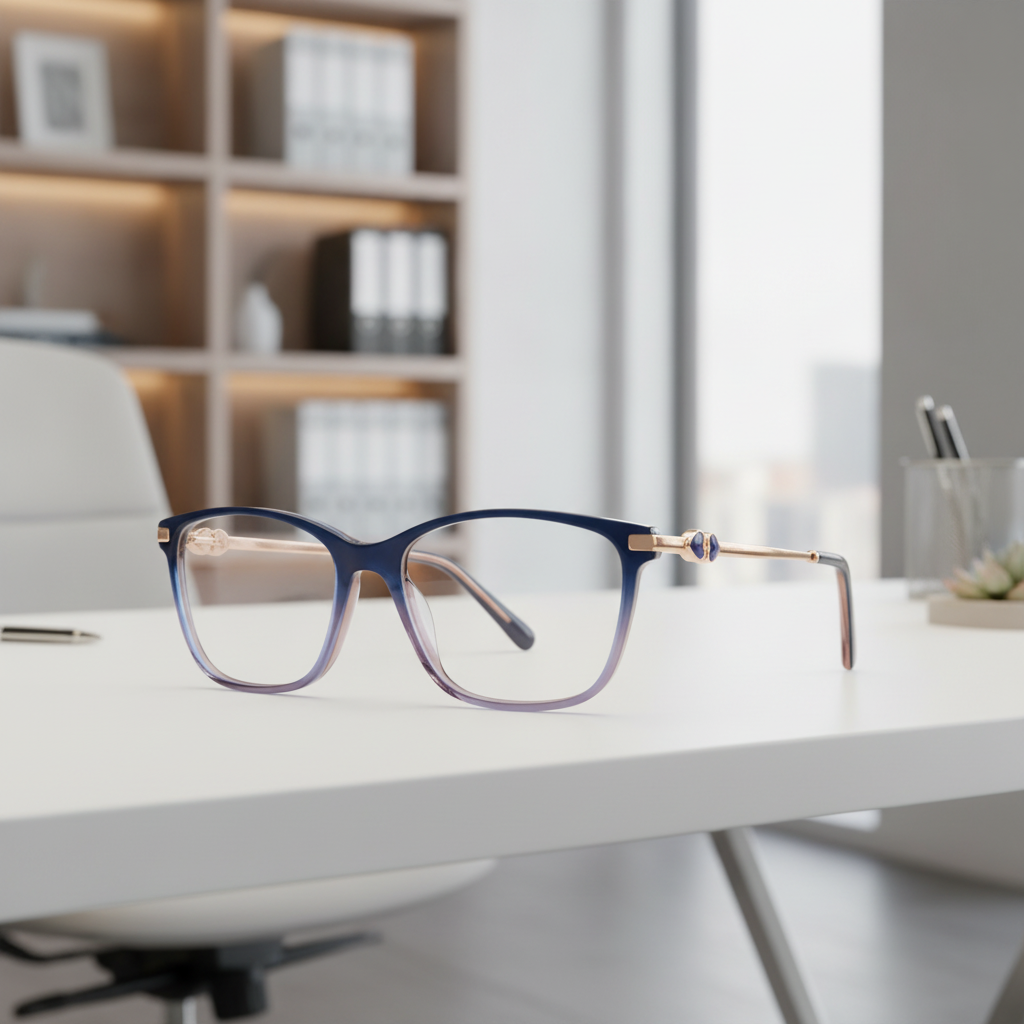 Exceptional Value collection eyeglasses featuring a dark‑to‑light blue gradient rectangular frame with gold metal temples and decorative hinge accents, photographed on a white desk for Times Square Optical in Laredo, Texas.