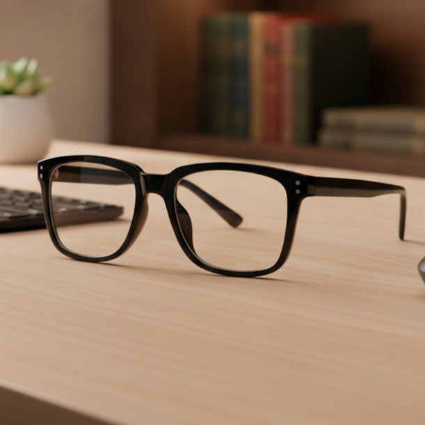 Exceptional Value collection eyeglasses featuring a modern black rectangular frame with metallic hinge accents, photographed on a light wooden surface for Times Square Optical in Laredo, Texas.