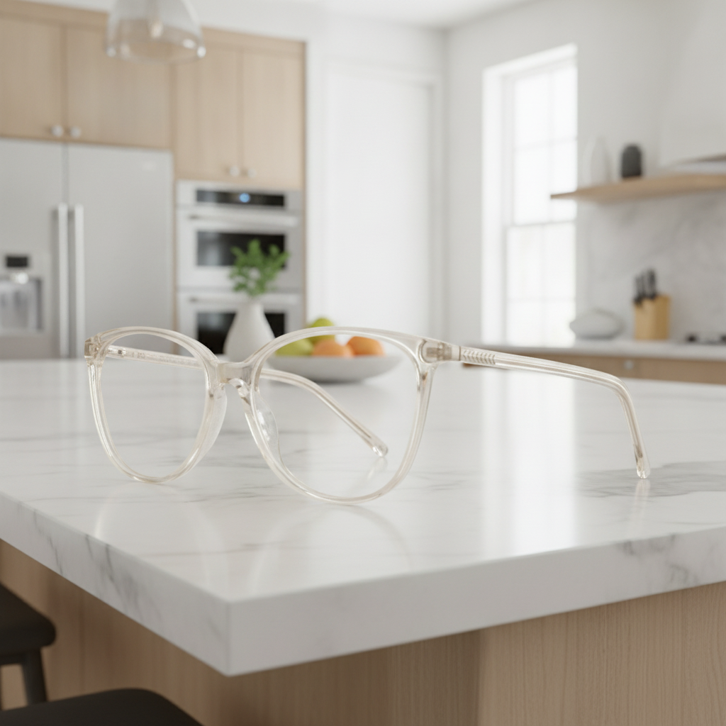 Exceptional Value collection eyeglasses featuring a transparent round acetate frame with thick rims, photographed on a marble countertop for Times Square Optical in Laredo, Texas.