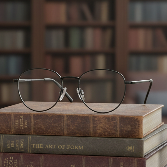 Exceptional Value collection eyeglasses featuring a black round METAL frame, photographed on a closed hardcover book for Times Square Optical in Laredo, Texas.