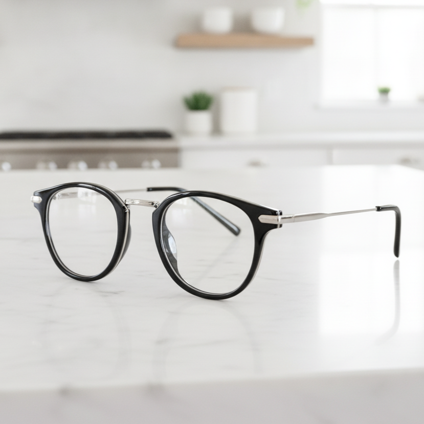Exceptional Value collection eyeglasses featuring a black round frame with silver metal temples and black earpieces, photographed on a white marble surface for Times Square Optical in Laredo, Texas.