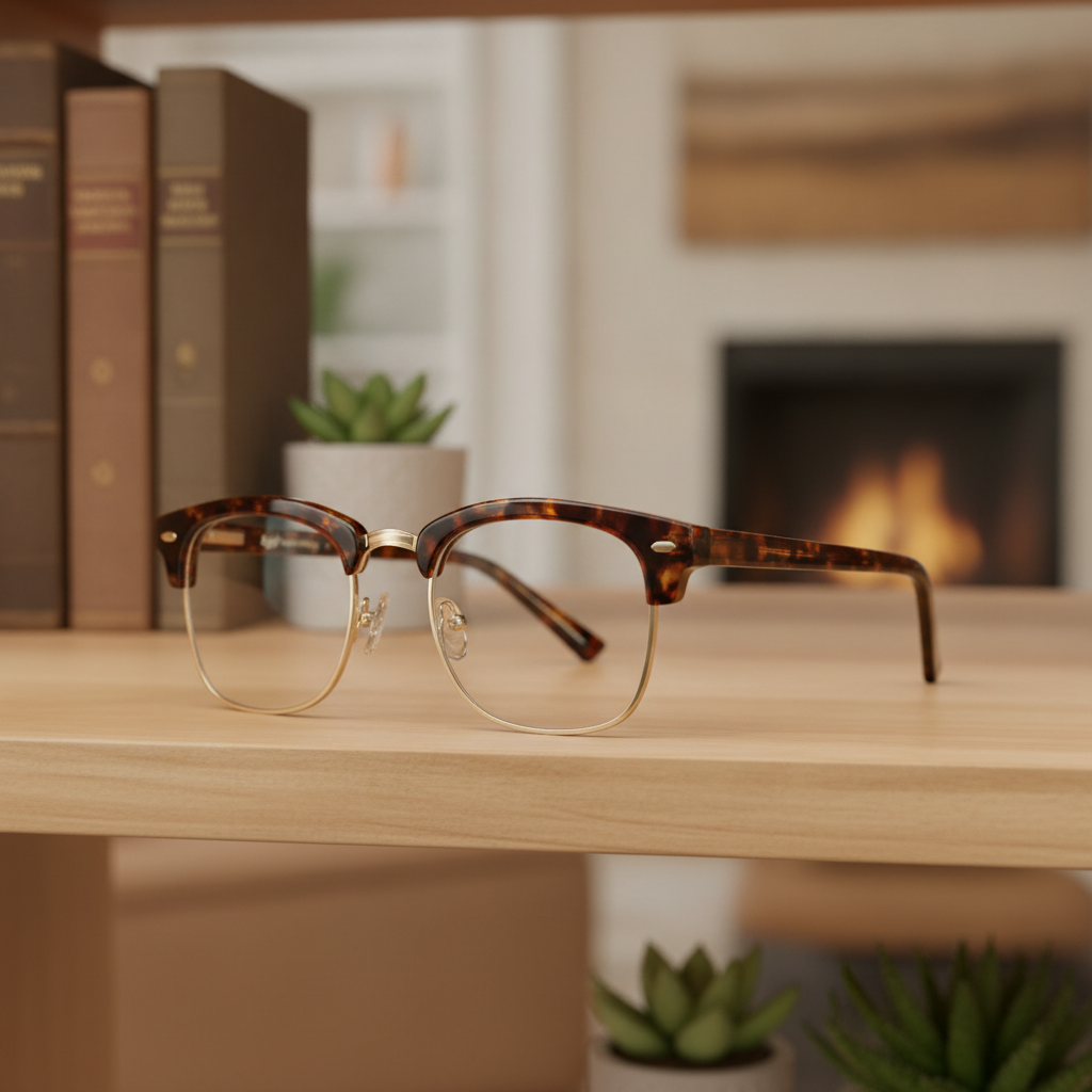 Exceptional Value collection eyeglasses featuring a tortoiseshell frame with gold metal rims, photographed on a wooden surface for Times Square Optical in Laredo, Texas.