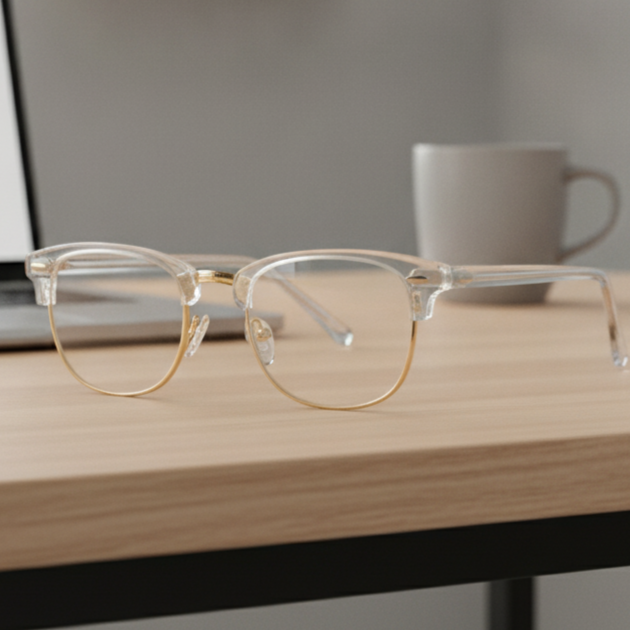 Exceptional Value collection eyeglasses featuring a clear acetate frame with thin gold metal rims, photographed on a light wooden surface for Times Square Optical in Laredo, Texas.