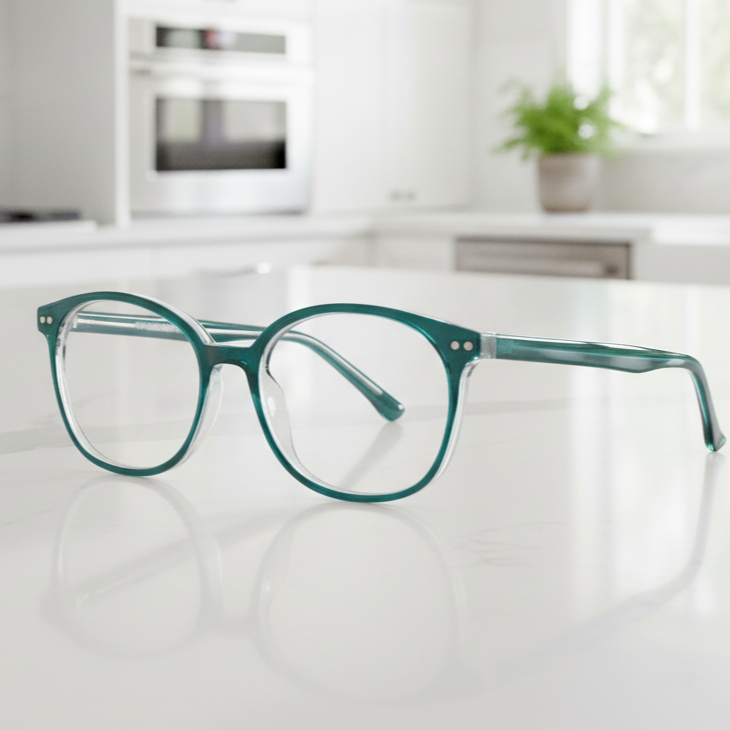 Exceptional Value collection eyeglasses featuring a translucent teal round acetate frame with thick rims, photographed on a white countertop for Times Square Optical in Laredo, Texas.