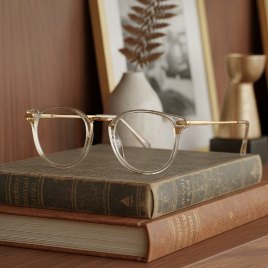 Exceptional Value collection eyeglasses featuring a transparent round acetate frame with gold metal temples, photographed on an aged dark‑green book for Times Square Optical in Laredo, Texas.