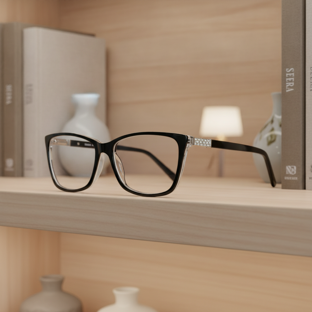 Exceptional Value collection eyeglasses featuring a black rectangular frame with decorative rhinestones near the hinges, photographed on a light wooden surface for Times Square Optical in Laredo, Texas.