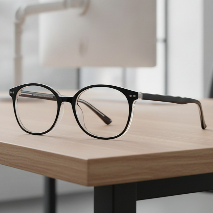 Exceptional Value collection eyeglasses featuring a black round frame with subtle transparent lower rims, photographed on a light wooden surface for Times Square Optical in Laredo, Texas.