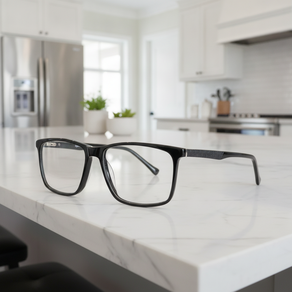 Exceptional Value collection eyeglasses featuring a matte black rectangular frame, photographed on a white marble countertop for Times Square Optical in Laredo, Texas.
