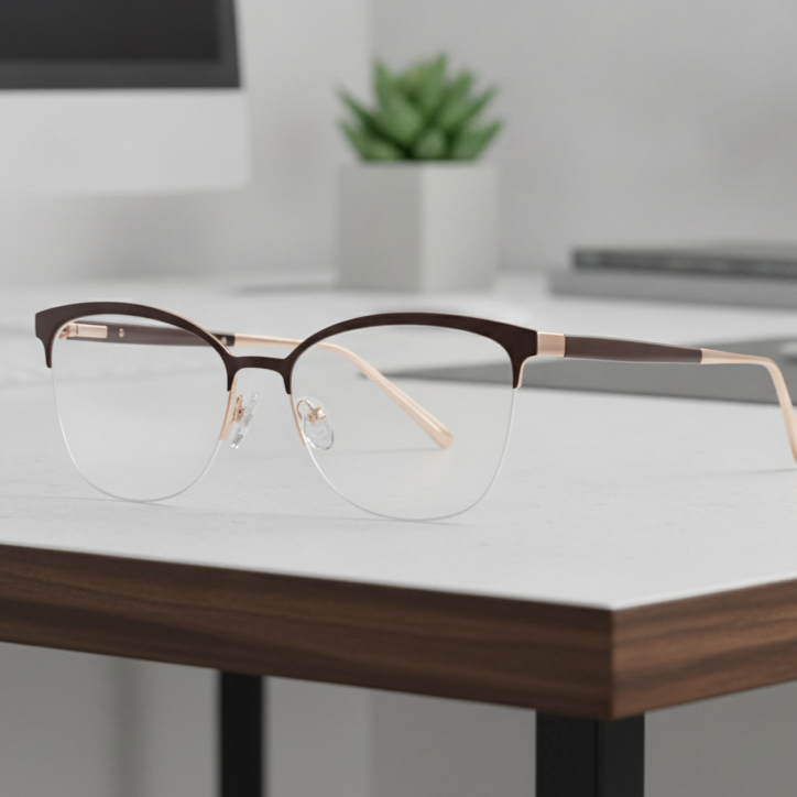 Exceptional Value collection eyeglasses featuring a semi‑rimless dark brown upper frame with gold metal temples and clear nose pads, photographed on a white surface for Times Square Optical in Laredo, Texas.