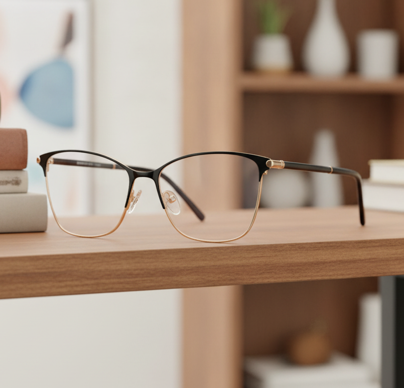 Exceptional Value collection eyeglasses featuring a thin metal rectangular frame with a black‑to‑gold gradient and metallic hinge accents, photographed on a wooden surface for Times Square Optical in Laredo, Texas.