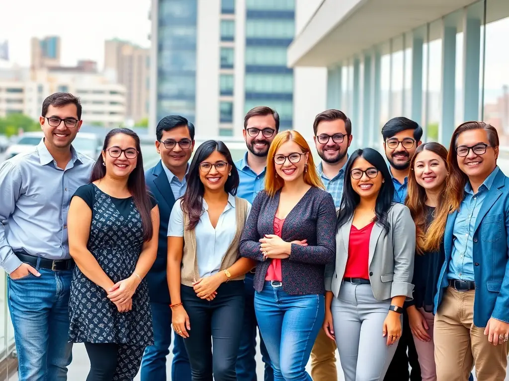 A group photo of employees from various major employers in Laredo, TX, such as City of Laredo and United ISD, all wearing stylish glasses from TimesSquareOpitcal.com.