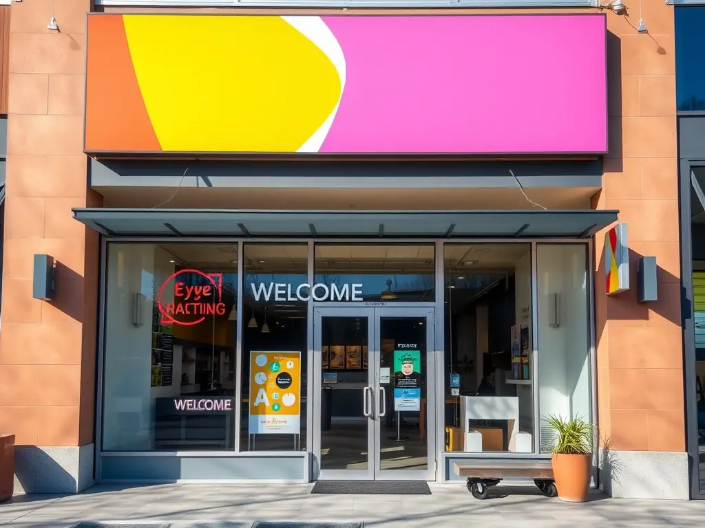 A welcoming image of the TimesSquareOpitcal.com store front, with a clear sign indicating 'Vision Plans Accepted Here'. The photo is taken during daytime, showcasing a bright and inviting atmosphere.