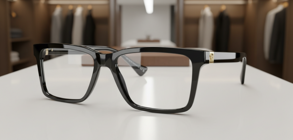 black versace frame with gold emblem