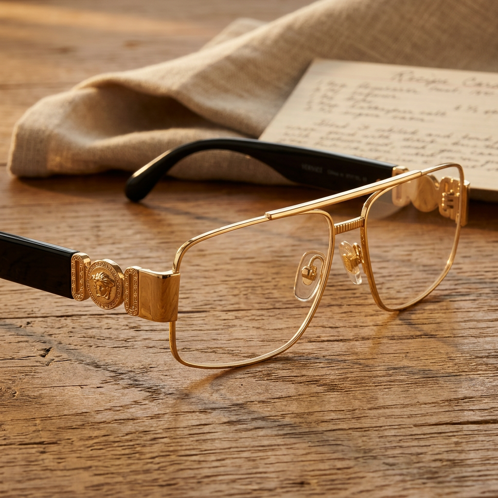 Versace gold metal aviator eyeglasses with black temples and Medusa details