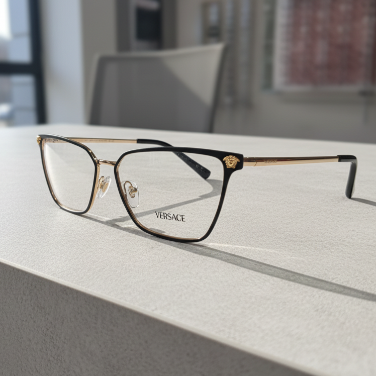 black versace frame with gold emblem on front face