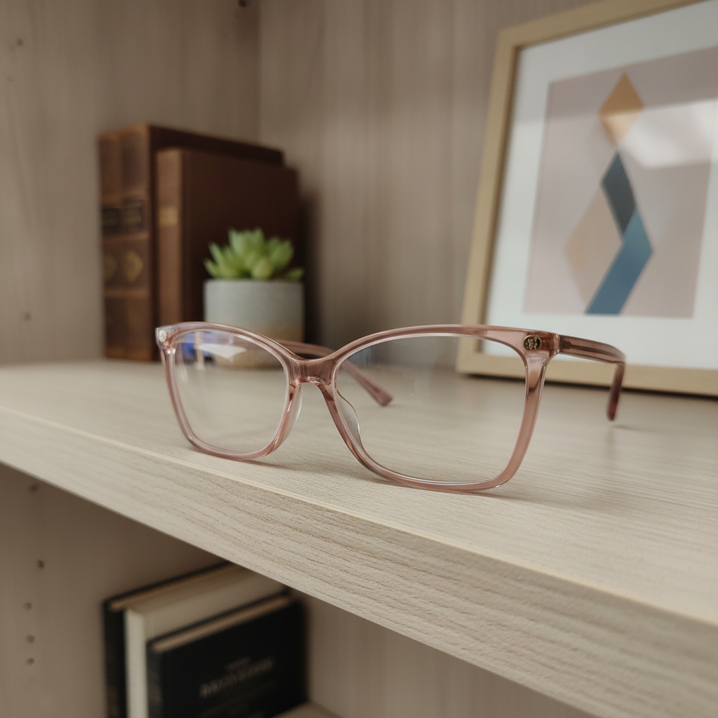 Versace translucent blush pink square prescription eyeglasses with gold Medusa temple detail