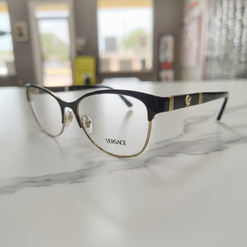 black and gold versace frame with gold emblem
