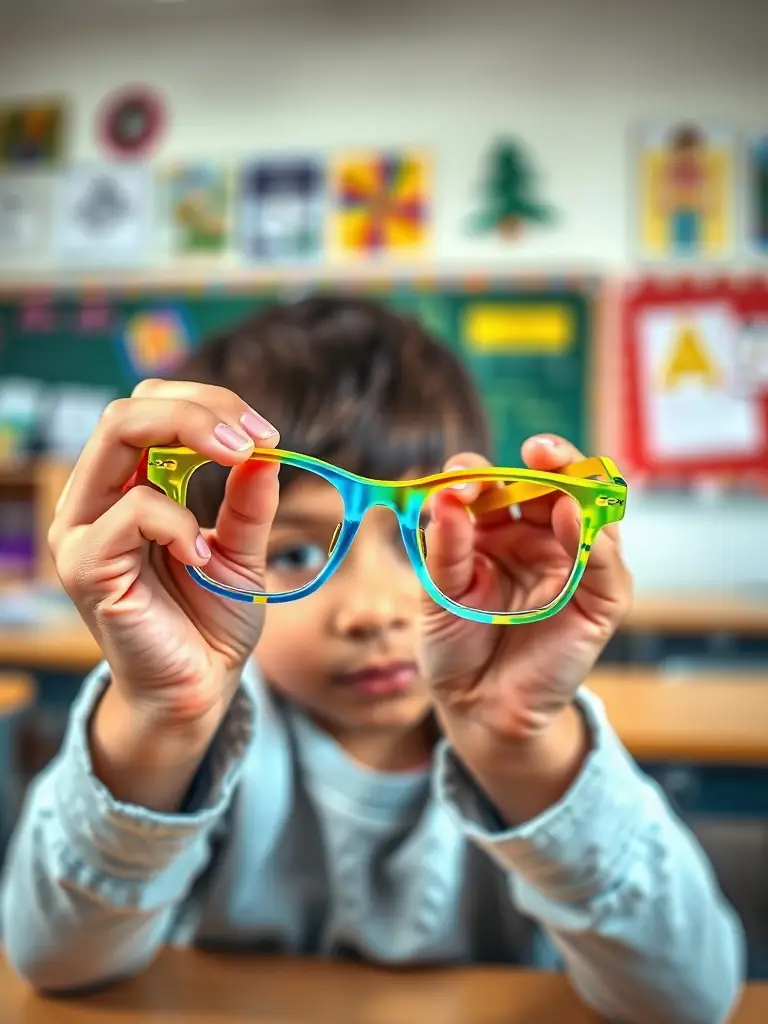 A close-up photo of a pair of colorful, flexible kids' eyeglass frames being twisted gently by a child's hands, demonstrating their durability and resilience, set against a bright classroom background.