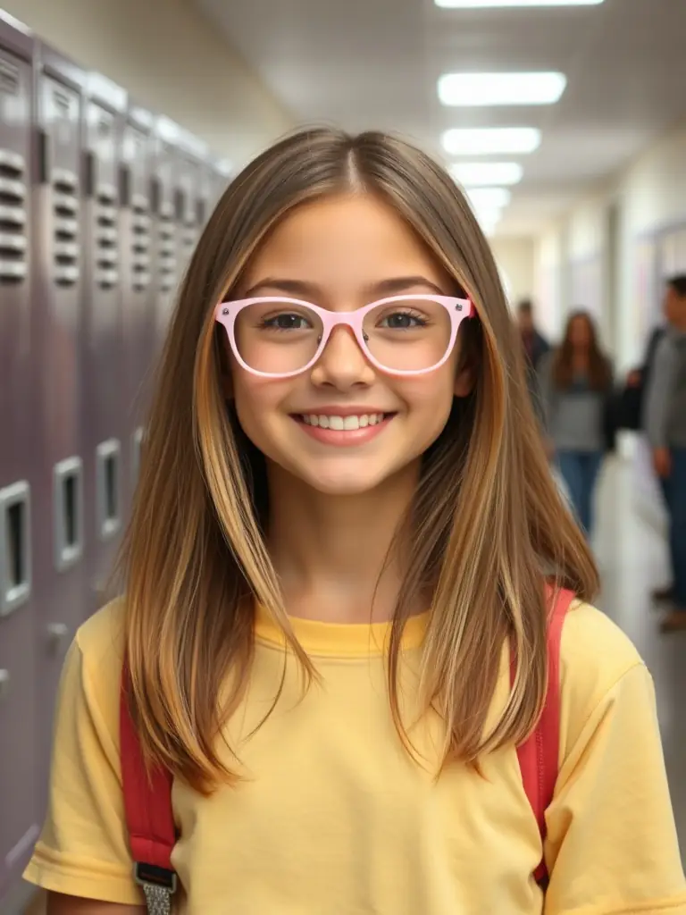 A stylish young girl wearing trendy, pastel-colored glasses, smiling confidently in a school hallway, with classmates admiring her eyewear.