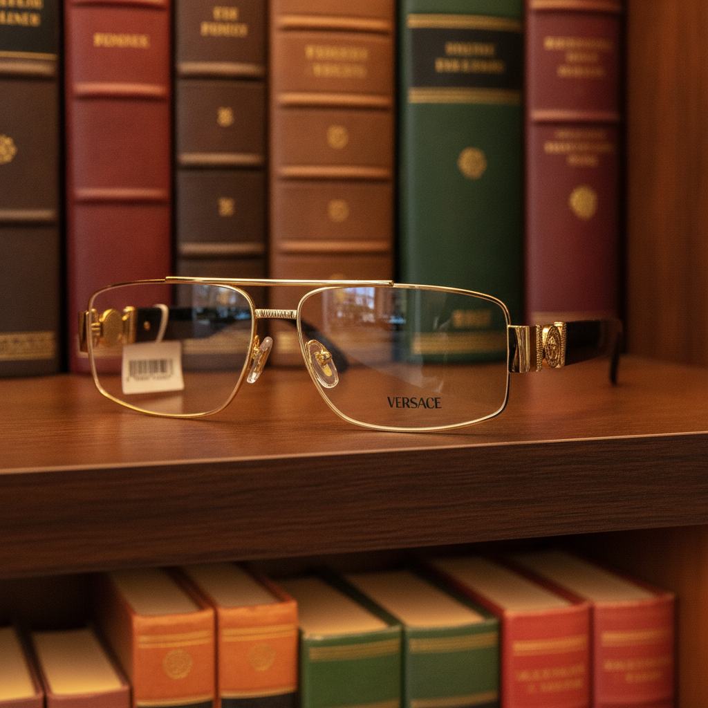 gold versace frame with tortoise temples